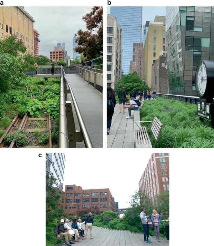 3 photos. a, an ascending pavement to a porch with vegetation grown over the old rail tracks on the left of the railings. b, a pavement equipped with benches and a grassland. It is surrounded by high rise buildings. c, a pavement surrounded by grassland and high rise buildings. People sit on benches and walk.