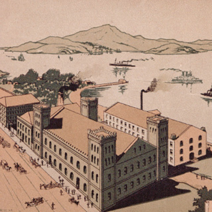 A sketch of a wool factory. It presents a series of interconnected industrial buildings with gable roofs linked together by several courtyards. Mountains surrounding it.