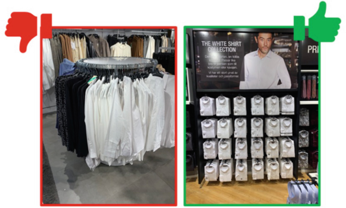 Two photographs present the physical and virtual modes of selling a basic white shirt. The physical mode has shirts hanging on holders in a shop with a thumbs-down clipart, while in the virtual mode, shirts alongside information on style, fit, and size are presented with a thumbs-up clipart.
