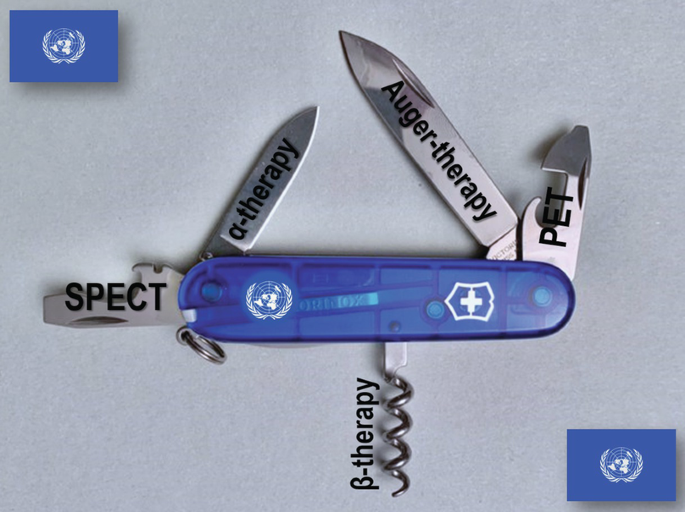 A photo of a pocket knife with varied shaped knives for SPECT, PET, alpha therapy, Auger therapy, and beta therapy
