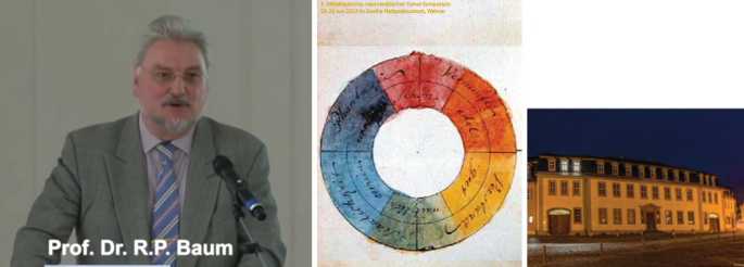 3 Photos. Left, a photo of Professor Doctor Richard P Baum. Center, a painting of a donut chart for the fourth Mitteldeutsches neuroendokriner Tumor Symposium. Right, a photo of Goethe National Museum in Weimar.