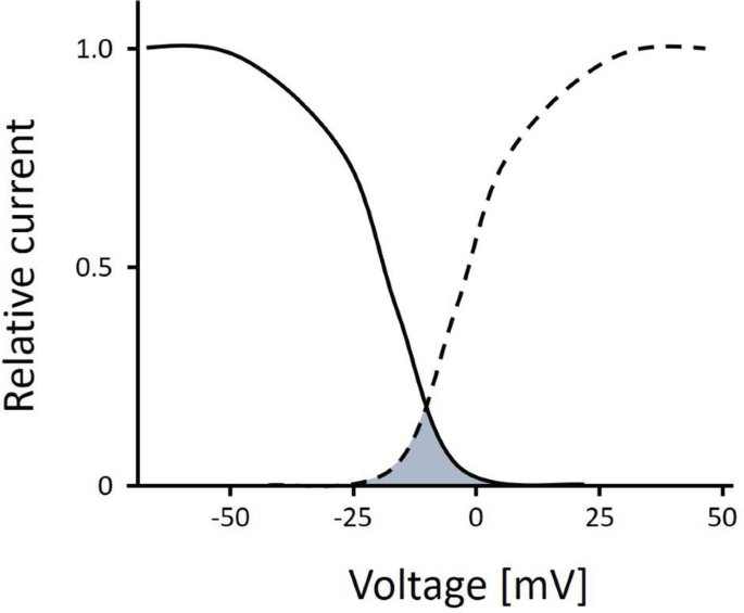 A line graph plots relative current with respect to voltage. The lines intersect between negative 25 and 0.