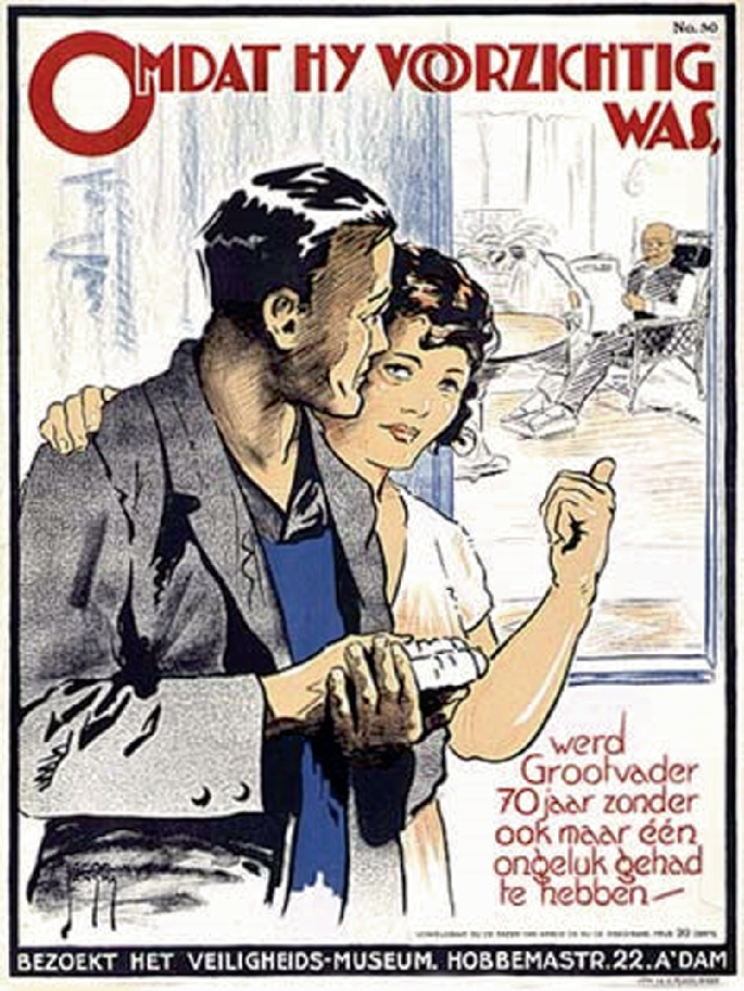 A poster in a foreign language with some text at the bottom. A man beside a woman. She points to an aged person seated reading a newspaper, and the man looks.