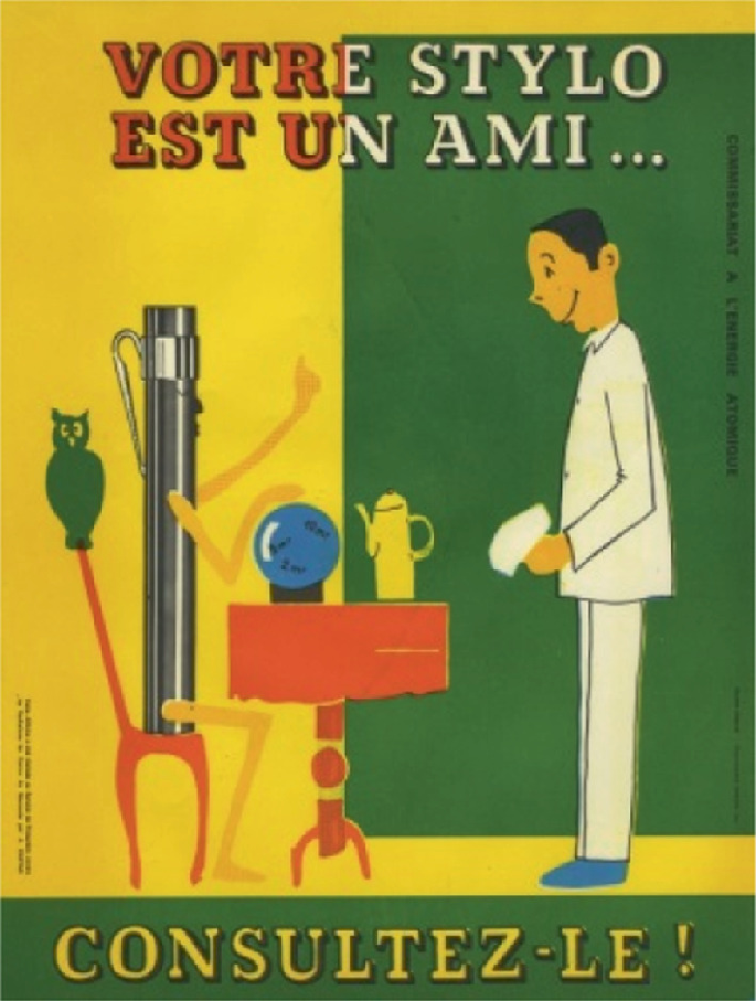 A poster with details in a foreign language. A cartoon of a pen is seated at a table, and a man stands in front of the table. The man holds a device and interacts with the pen.