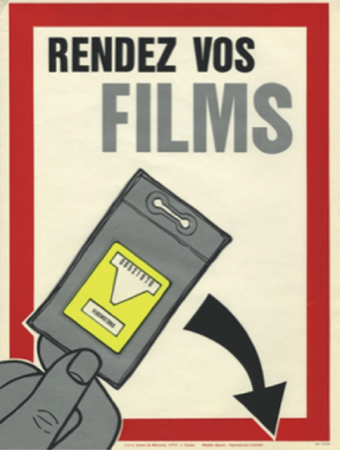 A poster with details in a foreign language. A drawing of a human palm holding the film and an arrow pointing downwards.