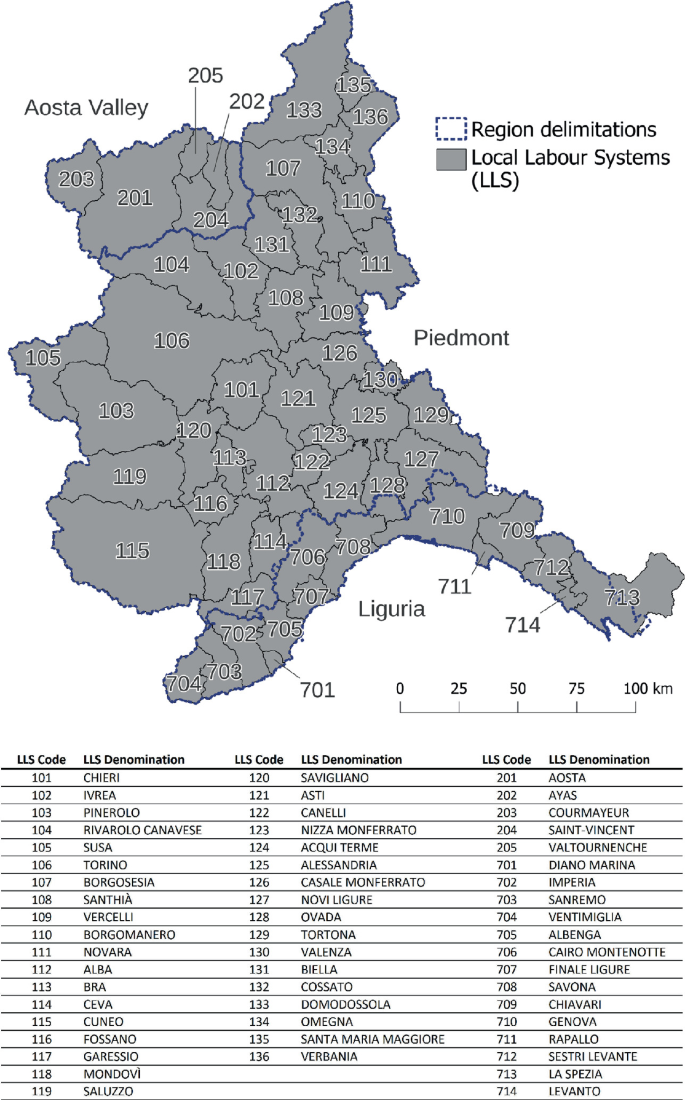 A map and a table. A map of Piedmont region marks the region delimitations and marks and labels 55 local labor systems code. The table has the 55 local labor systems code and its denomination.