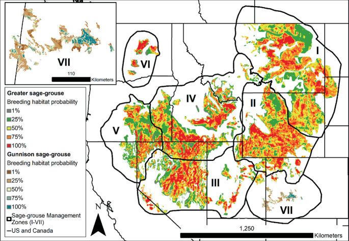 A map depicts Greater and Gunnison sage-grouse breeding habitat probabilities in the western United States. It marks seven places and features greater sage grouse and Gunnison sage grouse.