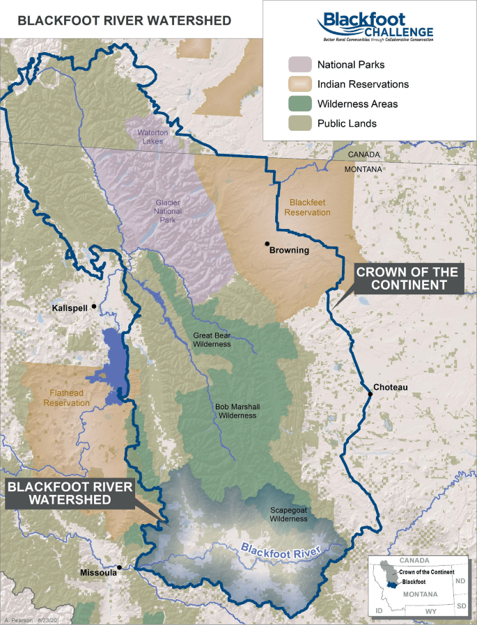 A map of the Blackfoot River watershed. It highlights the national parks, Indian reservations, wilderness areas, and public lands. It locates the crown of the continent at the boundary near Choteau, along with other places.