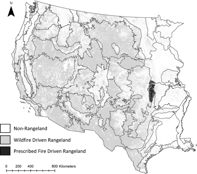 A map presents the non-Rangeland, wildfire-driven Rangeland, and prescribed fire-driven Rangeland in the western and central U.S.