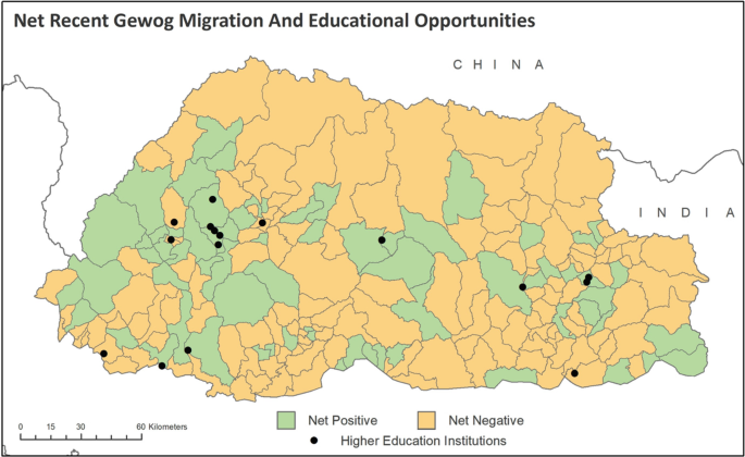 A map of Bhutan. The maximum number of higher education institutions are in the western regions, one in the central and 4 in the eastern regions, and most of them are in gewogs with a net positive rate of migration.