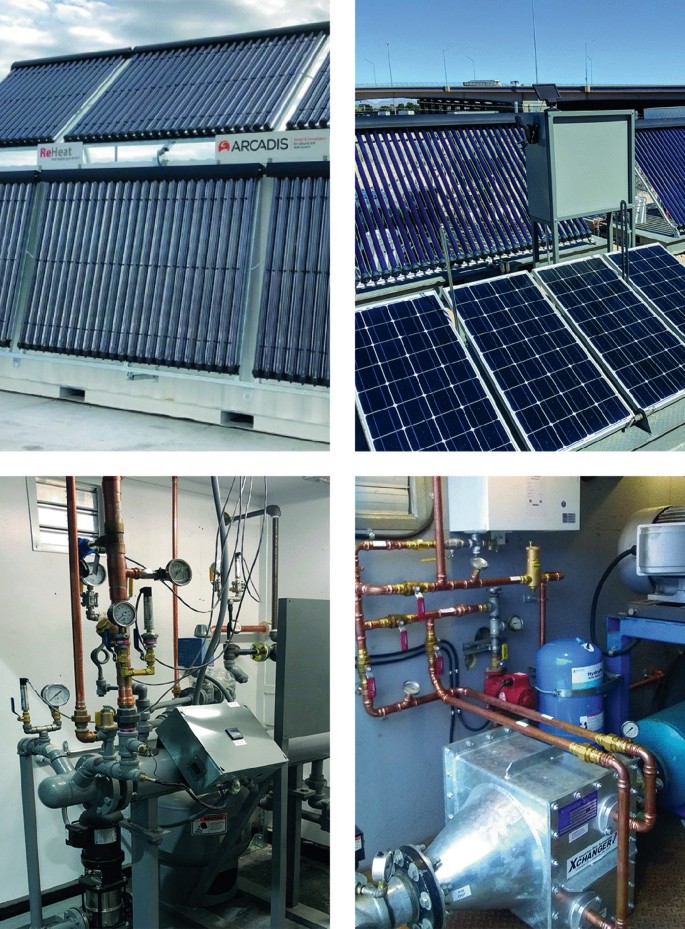 A collage of 4 photos taken of the T I S R infrastructure. It features tube and flat-plate solar collectors on the rooftop and the assembly of pipelines connected with radial meters and larger parts of the machinery like tanks.