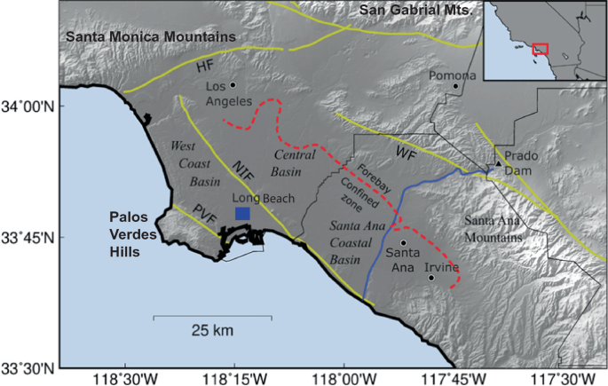 A location and tectonic setting map of the Los Angeles Central and West Coast and the Santa Ana Coastal Basins. Santa Monica Mountains. The site is marked to the southeast of the Santa Monica Mountains with 3 major faults including one along the West Coast basin and one along the Prado Dam.