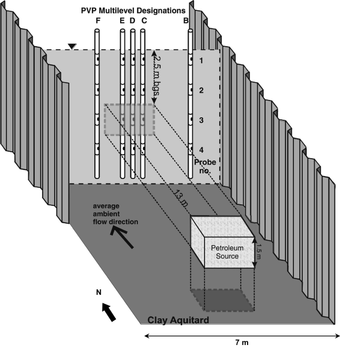 A schematic of an aquifer consists of a clay aquifer 7 meters long. In the aquitard are a petroleum source and an up-arrow labeled average ambient flow direction. In the front are P V P multilevel designations with the probe numbers.