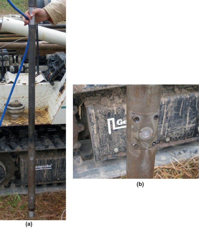 Two photographs of high-revolution K tools are labeled a and b. A has 2 pressure transducer ports above the bottom injection screen, and b is a close-up of the pressure transducer screen.