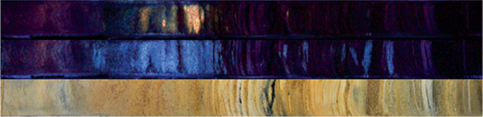 3 Photos of a 1.2-meter-long gasoline N A P L-impacted soil core with darker to lighter shades from top to bottom. The bottom photo has some light and dark patches.
