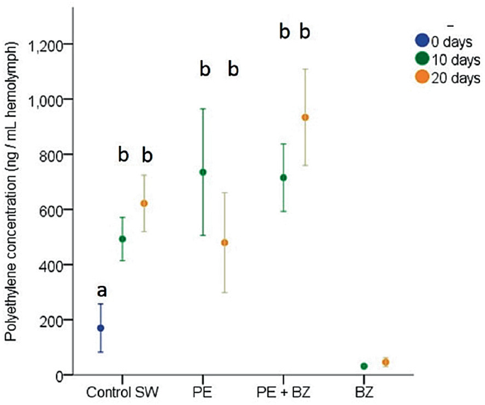 An error plot for polyethylene concentration versus control S W, P E, P E + B Z, and B Z marks data for 0, 10, and 20 days. The lowest plot is of a 0 days for control S W at 200. The highest is of b 20 days for B Z at 900. Values are approximate.