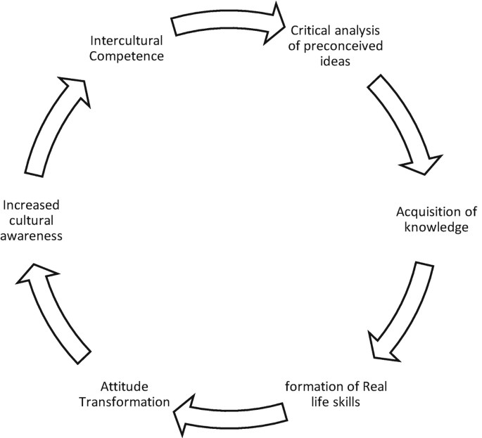 A cycle diagram of the competence stages. It includes intercultural competence, critical analysis of preconceived ideas, acquisition of knowledge, formation of real-life skills, attitude transformation, and increased cultural awareness. The steps take place in a cyclic manner.