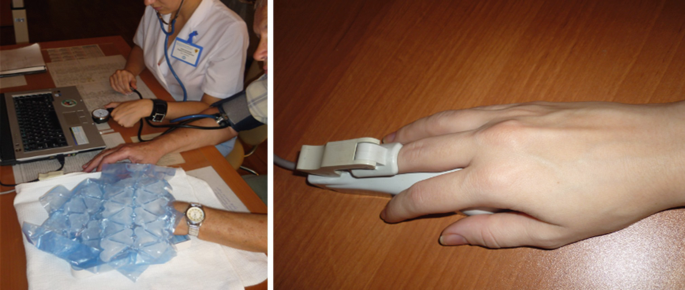 2 photos. The first photo focuses on the hand of a patient that is placed under a cold water bag. The second photo focuses on a device that clutches the middle finger of a patient.