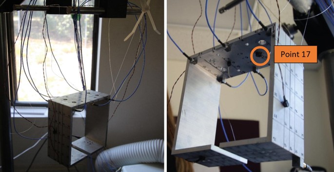 Two photographs of an impact test setup. They depict a structure connected by and hanging on cables. The second photo labels a point as point 17.