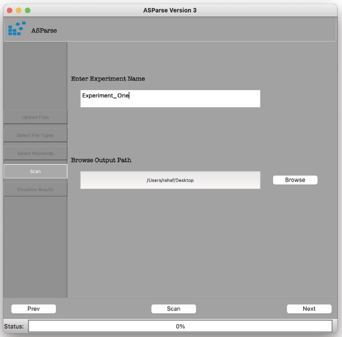 A screenshot of the A Sparse application represents a text box to enter the experiment name and an option to browse the output path. It highlights the scan button on the left panel and the previous, scan, and next buttons at the bottom.