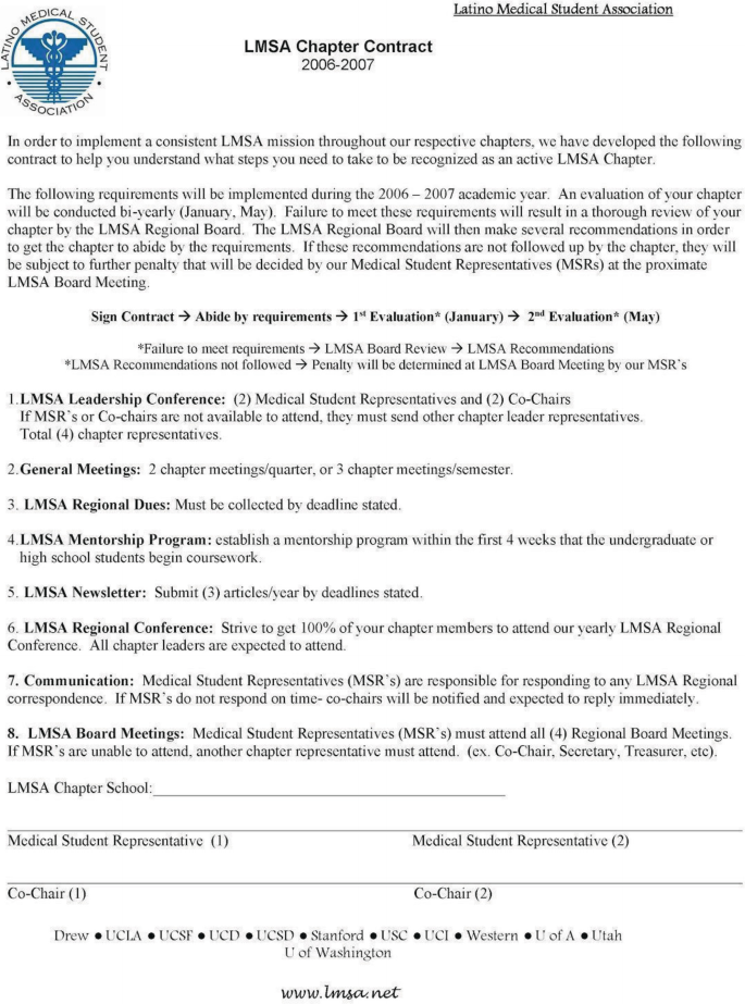 The L M S A Chapter Contract page. The L M S A region logo of 2005 is at the top left, and the website, w w w dot l m s a dot net, is at the bottom. There are 8 numbered points along with other details of the contract.