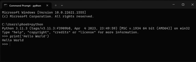 A command prompt window in step 5, run some python. On the installed version of Python 3 dot 11 dot 3, it has the code to produce output as Hello World.