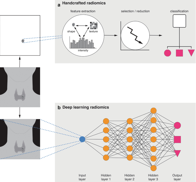 2 illustrations. A. Handcrafted radio mics involve feature extraction, selection or reduction, and classification. B. presents the deep learning radio mics that involve the input layer, hidden layers 1, 2, and 3, and the output layer.