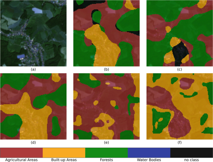 a is a satellite map of a forested region. b to f are photos that exhibit the self-enhancement maps of an R S image obtained on Deep Lab V 3 plus trained under different values of S L N R 0%, 10%, 20%, 30%, and 40%. Different color shades are used to map the agricultural, built-up, forest and water body areas. c has a region of no class.