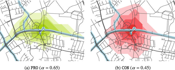 2 illustrations of paths in a network of roads with a cycling route. A central area is highlighted in both. One is labeled pro with an alpha value of 0.65, and the second is labeled con with an alpha value of 0.45.
