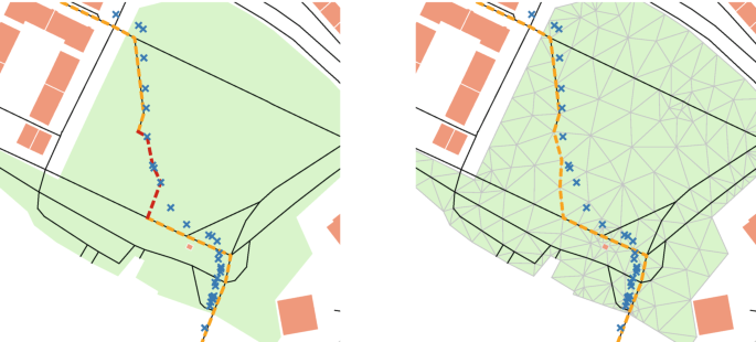 2 illustrations of open spaces of some public areas in the shapes of polygonal areas. There are several movement data marked on the open spaces. The second illustration plots tessellation for extending the given transport network.