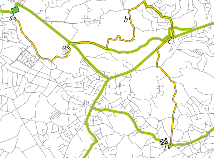 An illustration exhibits a user's path in different segments of a road network. It highlights four sub paths named s, a, b, c, and t illustrated through nodes, and the paths that are signposted are also highlighted.