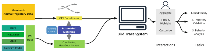 A workflow diagram denotes that the matched G P S coordinates from the Movebank Animal trajectory and V G I data are merged and go through the bird trace system to aggregate, filter, highlight, and customize interactions leading to biodiversity, trajectory validation, and behavior analysis tasks.
