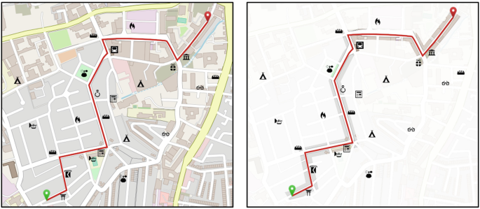 Two maps. The left one exhibits different sections and locations around a map and a route passing through the location. The right one highlights only the route, omitting the blocks and sections around the map.