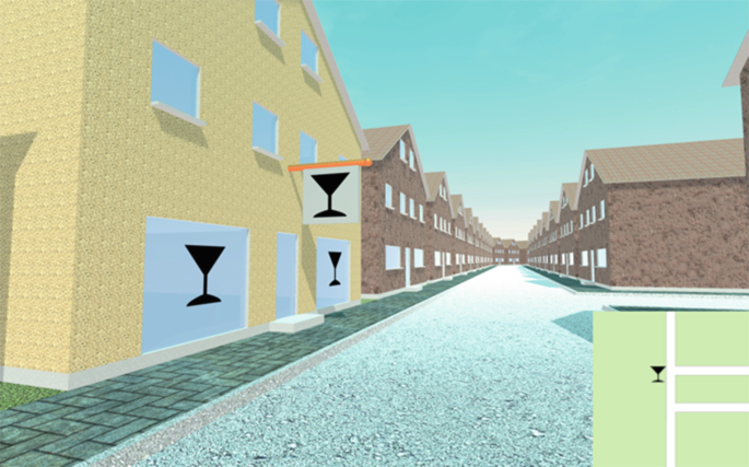 A 3 D illustration presents multiple houses situated linearly on either side of a road. A building at the beginning exhibits multiple pictograms on the outer wall.