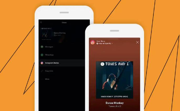 An illustration of 2 mobile screens. Screen 1 displays a page of options for messages, WhatsApp, Instagram stories, copy links, and more. The option Instagram story is selected. Screen 2 displays an Instagram story. It has a screenshot of a music video playing the dance monkey song on Spotify.