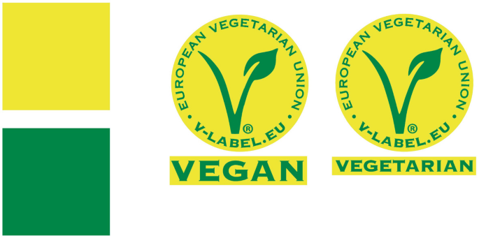 An illustration represents two solid squares in contrasting colors. The two elements on the right display designs for Vegan and Vegetarian with the shape of the letter V created by a stem and a leaf. The designs have text that read, European Vegetarion Union.