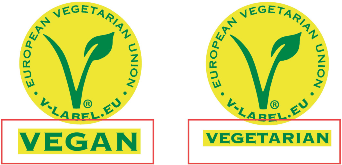 An illustration represents two designs labeled Vegan and Vegetarian. Both are designed with the shape of the letter V created by a stem and a leaf. The text reads European Vegetarian Union in both with the text Vegan and Vegetarian highlighted.