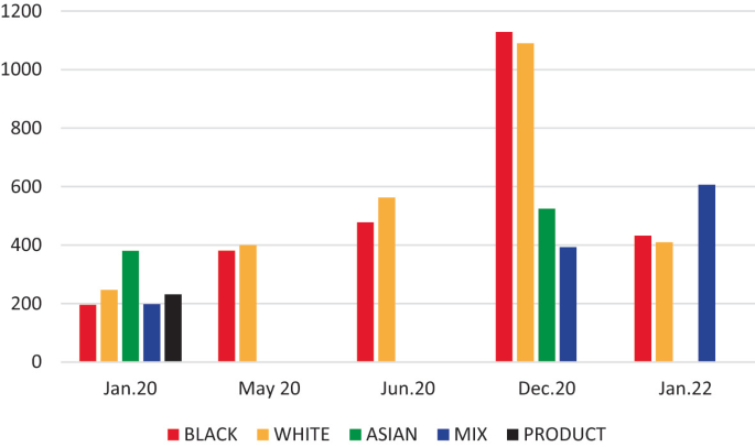 A bar graph plots the number of comments from January 2020 to January 2022 in the categories such as Black, White, Asian, Mix, and Product. The highest number of comments is for Blacks in December 2020.