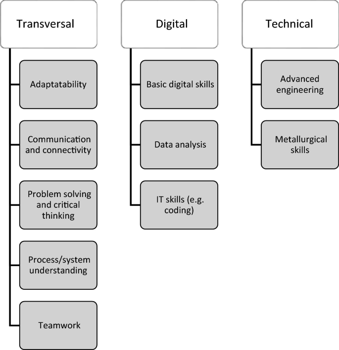 An illustration of the 10 most cited skills in the E S S A classified as transversal, digital, and technical. They are adaptability, communication and connectivity, problem-solving and critical thinking, process understanding, basic digital skills, data analysis, I T skills, advanced engineering, and metallurgical skills.