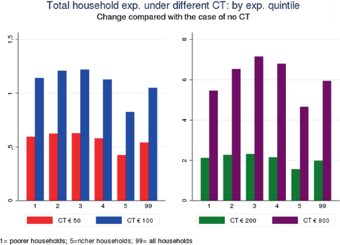 2 dual bar charts present total household expenditure under different C T, by expenditure quintile. 1, 5, and 99 denote poorer, richer, and all households, respectively. The plot values of 100 euros C T are the highest in both graphs.