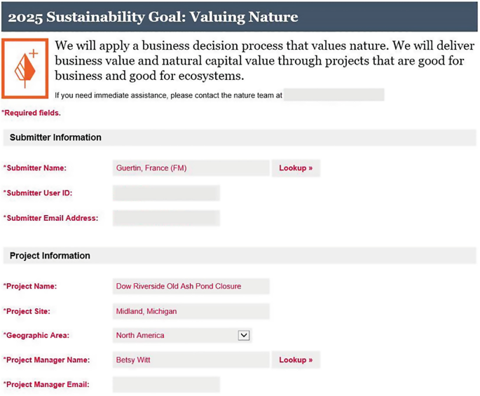 A screenshot of a page titled, 2025 sustainability goal, valuing nature. It has information about nature-based business processes, followed by fields to fill under submitter information and project information. A few fields in them are filled.