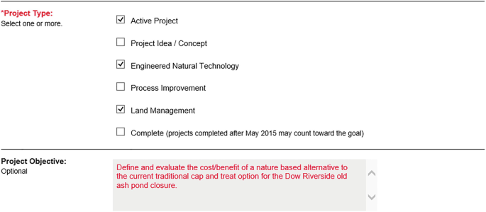 A screenshot. It has 6 checkboxes under project type, of which 3 are checked. Below, an optional project objective field is present which is filled.