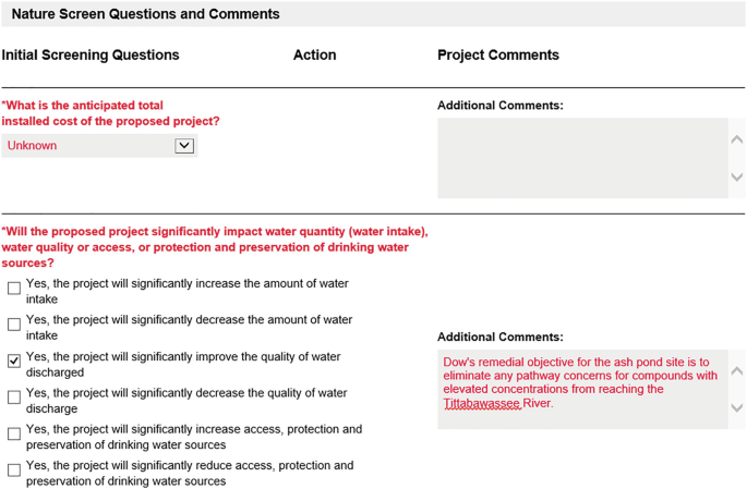 A screenshot with a title, nature screen questions and comments. There are 2 questions under initial screening questions and 2 text boxes for additional comments under project comments. Question 1, has a combo box. Question 2, has 6 checkboxes, of which 1 is checked.