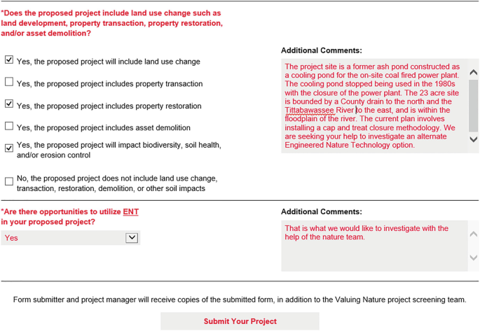 A screenshot of a page. There are 2 questions with textboxes for additional comments on their right. Question 1, has 6 checkboxes, of which 3 are checked. Question 2, has a combo box. Submit your project button is at the bottom of the page.