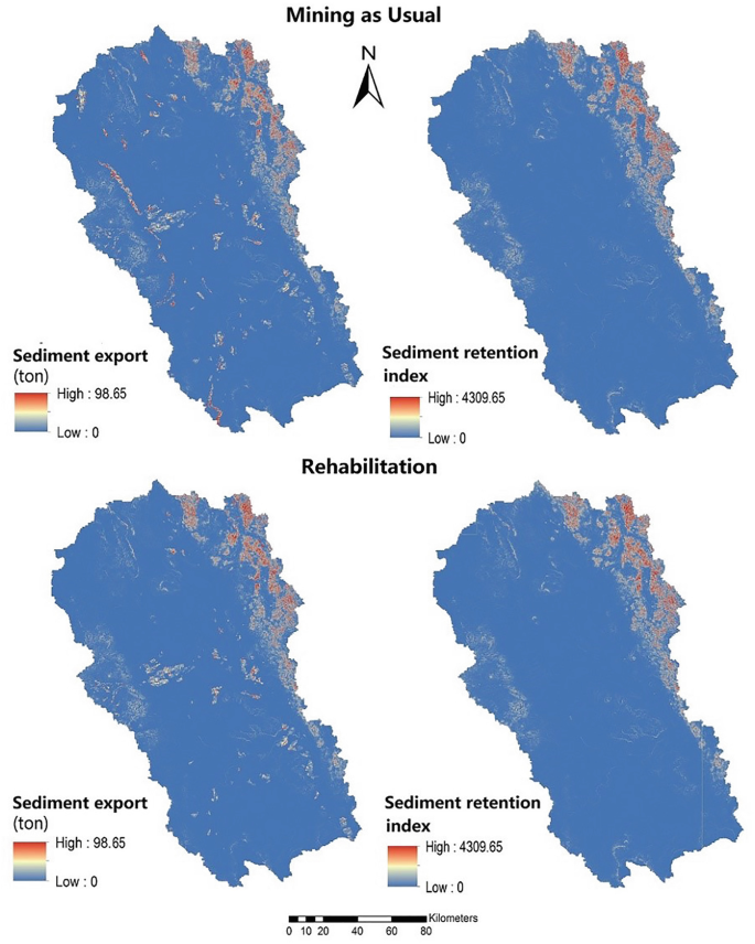 Four spectral maps of mining region in Australia depict the export and retention of sediment during normal mining operations and after rehabilitation. Different shades are used to denote the regions, from low to high.