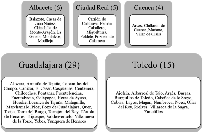 A set of 5 charts. It lists the municipalities of Albacete, Ciudad Real, Cuenca, Guadalajara, and Toledo with a total of 6, 5, 4, 29, and 15, respectively.