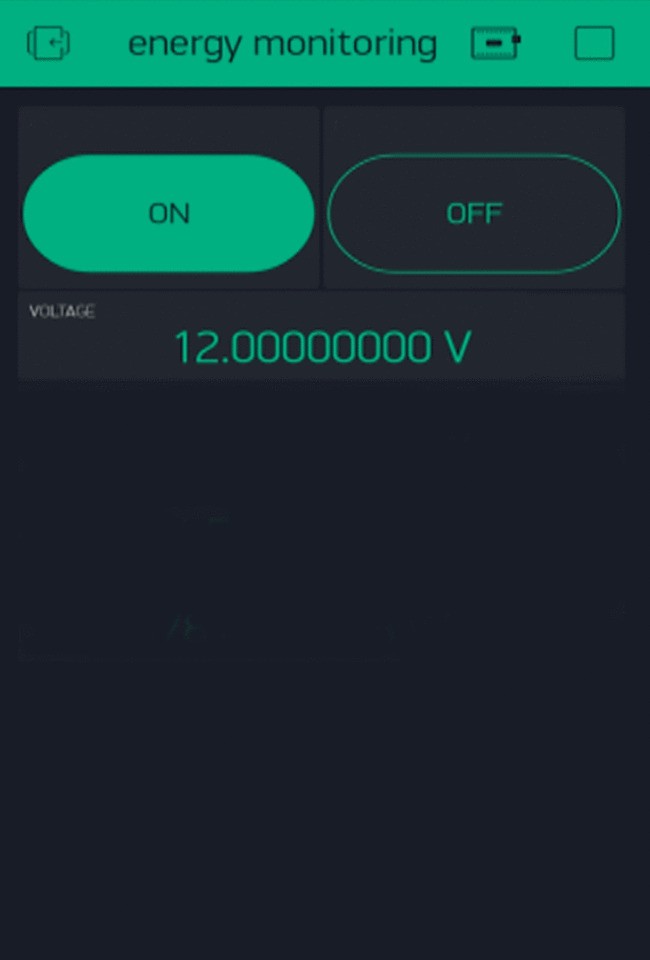 A screenshot of energy monitoring. It has on and off options, and the value of voltage is 12.00000000 volts.