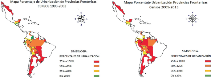 A set of 2 maps of a region in different color gradients with titles and legends in a foreign language for the years 1993 to 2002 and 2005 to 2015.