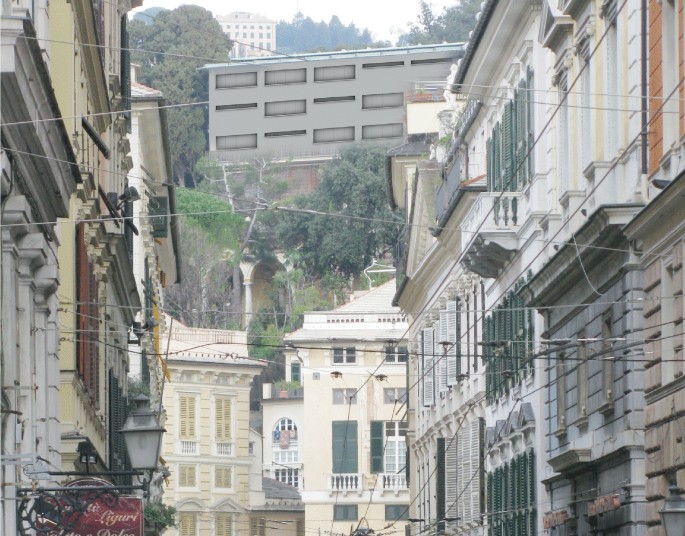 A photograph of a museum building in a city center surrounded by other buildings and trees.