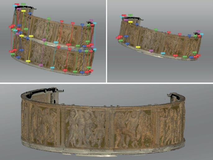 Two complete photographs of the pulpit with target points at the top and bottom frames and data alignment between them. Below is the final scanned version of the work.